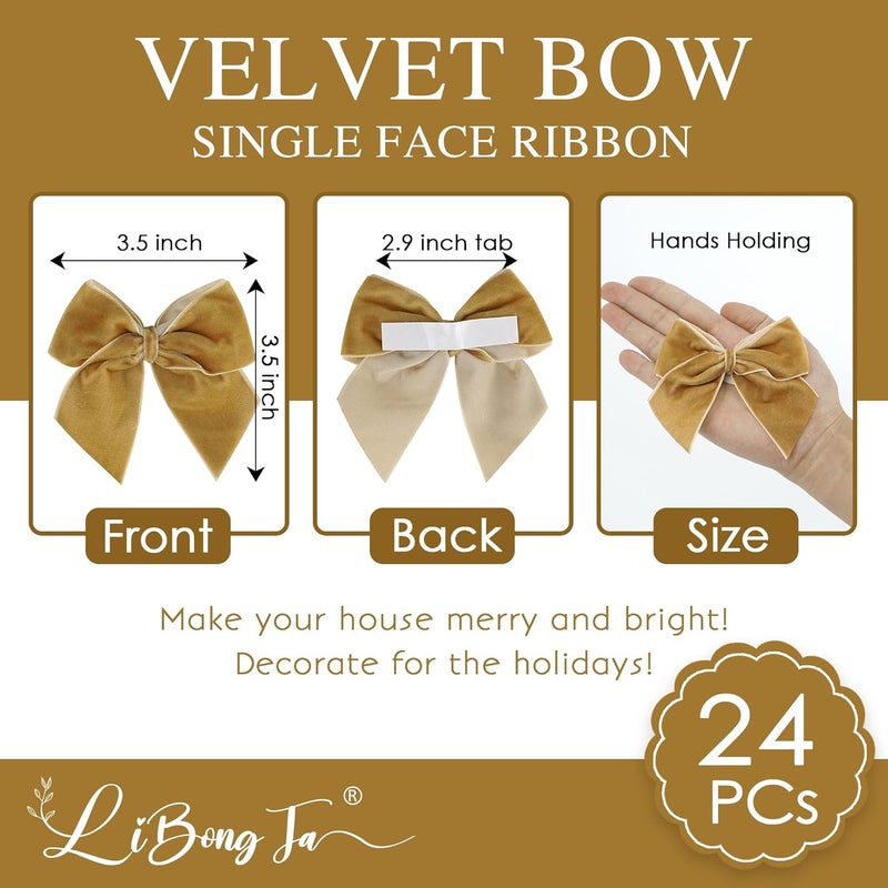 LiBongTa 3.5" Khaki Bows Small Velvet Ribbon Bow For Decoration, Self Adhesive Gift Bows, Rustic Bows For Christmas Tree, Treat Bags, Candy Pop, Basket, Party Favor, Craft Bow For Gift Wrapping-24 PCs - Image 2